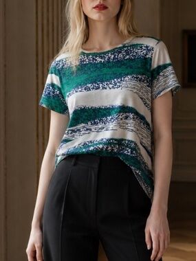 Alfani Petite Blue & Green Abstract Print Top | Short Sleeve | P/S
